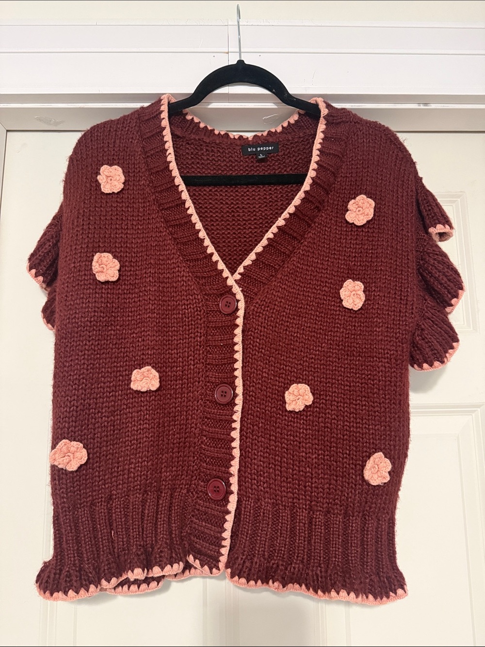 Blu Pepper Wine Red Cardigan with Pink Trim and Crochet Flowers
